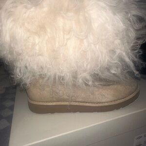 UGG Fluffy White and Tan Ankle Boots